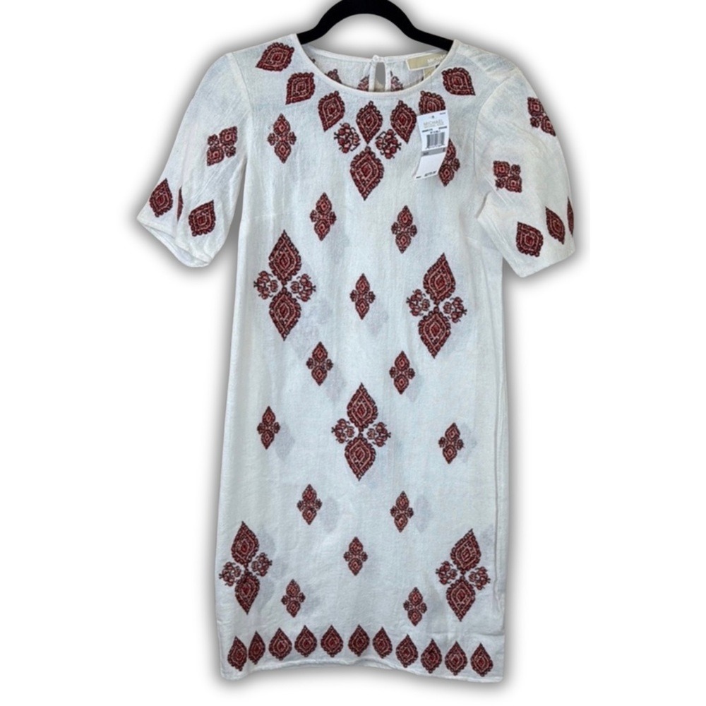 Michael Kors Womens White Red Embroidered Cotton Shift Dress MS58VPJ1YS Size 0